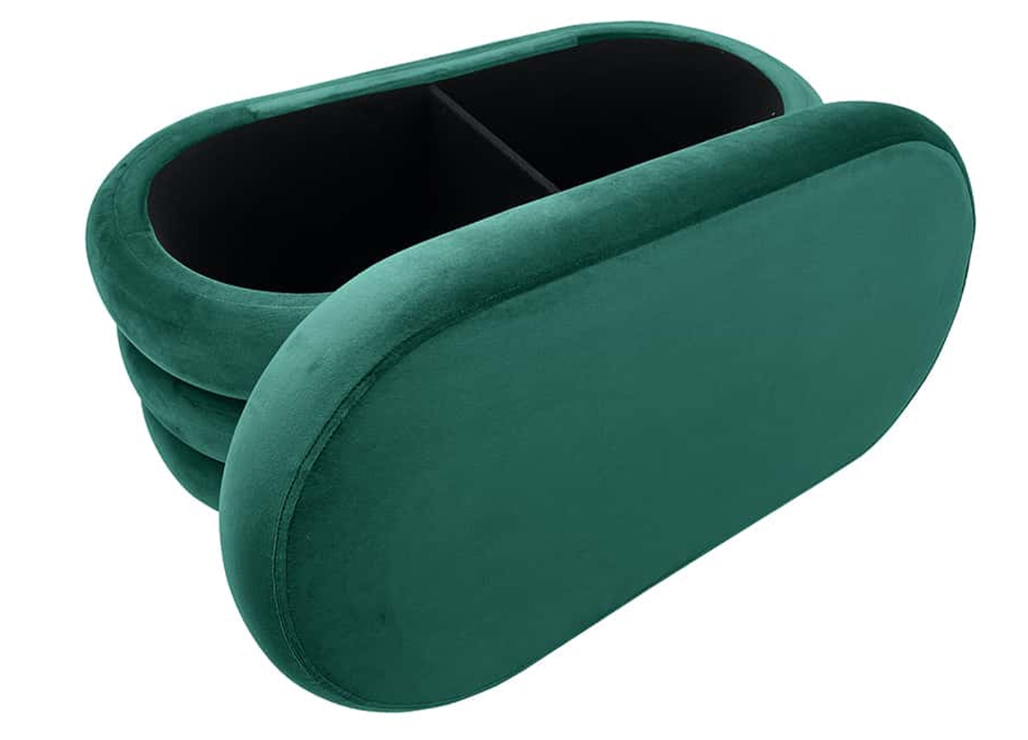 Banc coffre en velours vert ELYA avec espace de rangement ouvert et finition douce