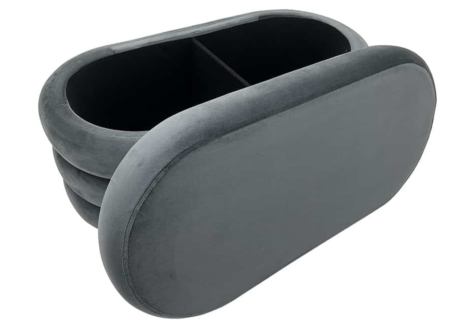 Banc de rangement ELYA gris en velours avec coffre ouvert et compartiment intérieur noir