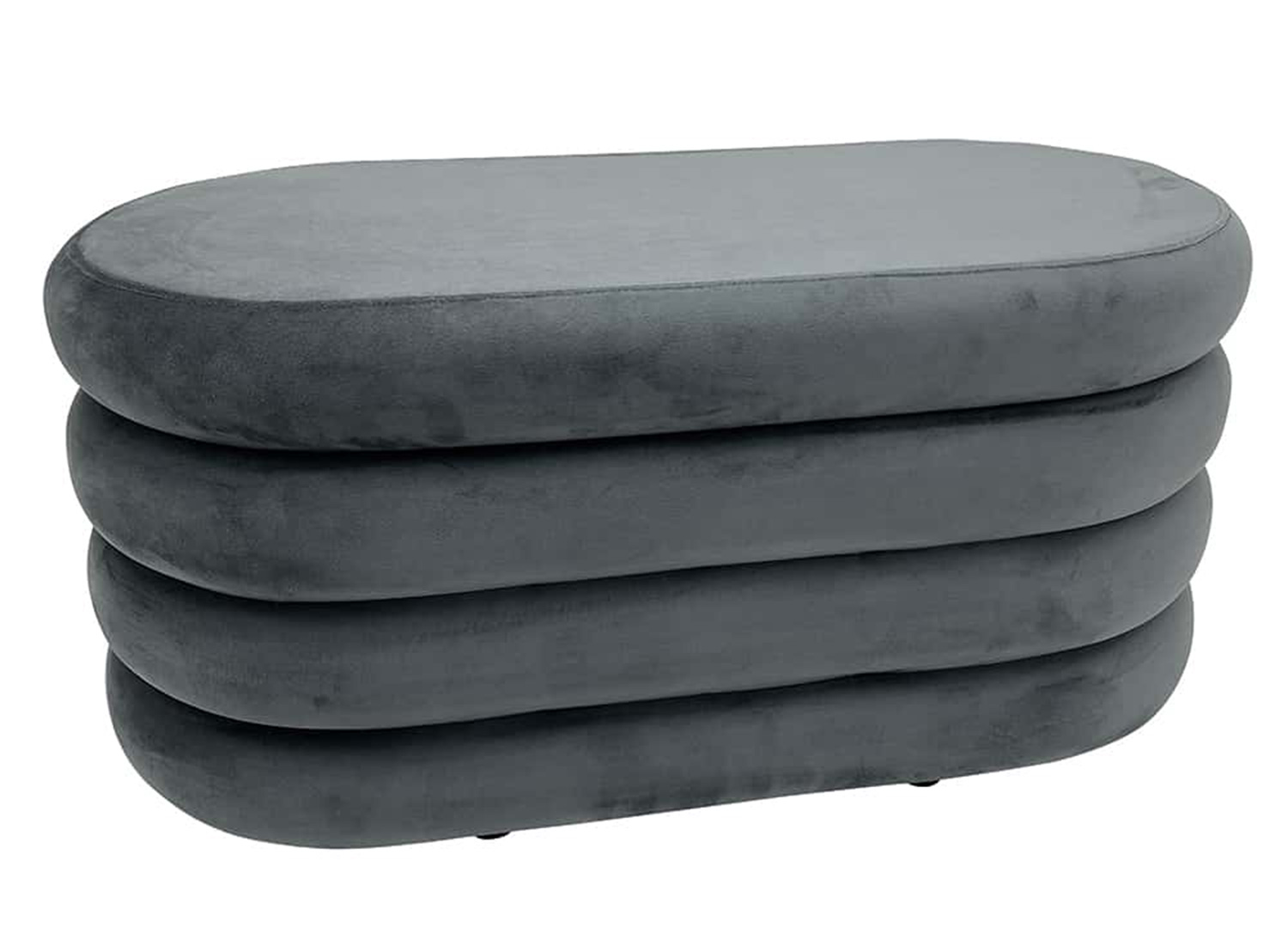 Banquette coffre ELYA gris en velours au design ovale sur fond blanc