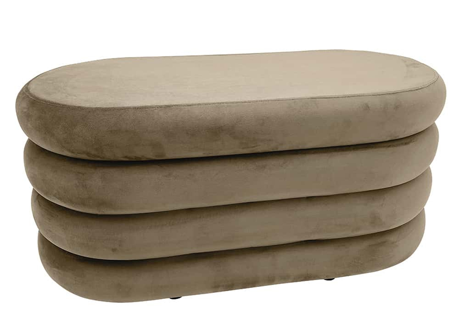Banquette coffre ELYA taupe champagne au design ovale et galbé sur fond blanc
