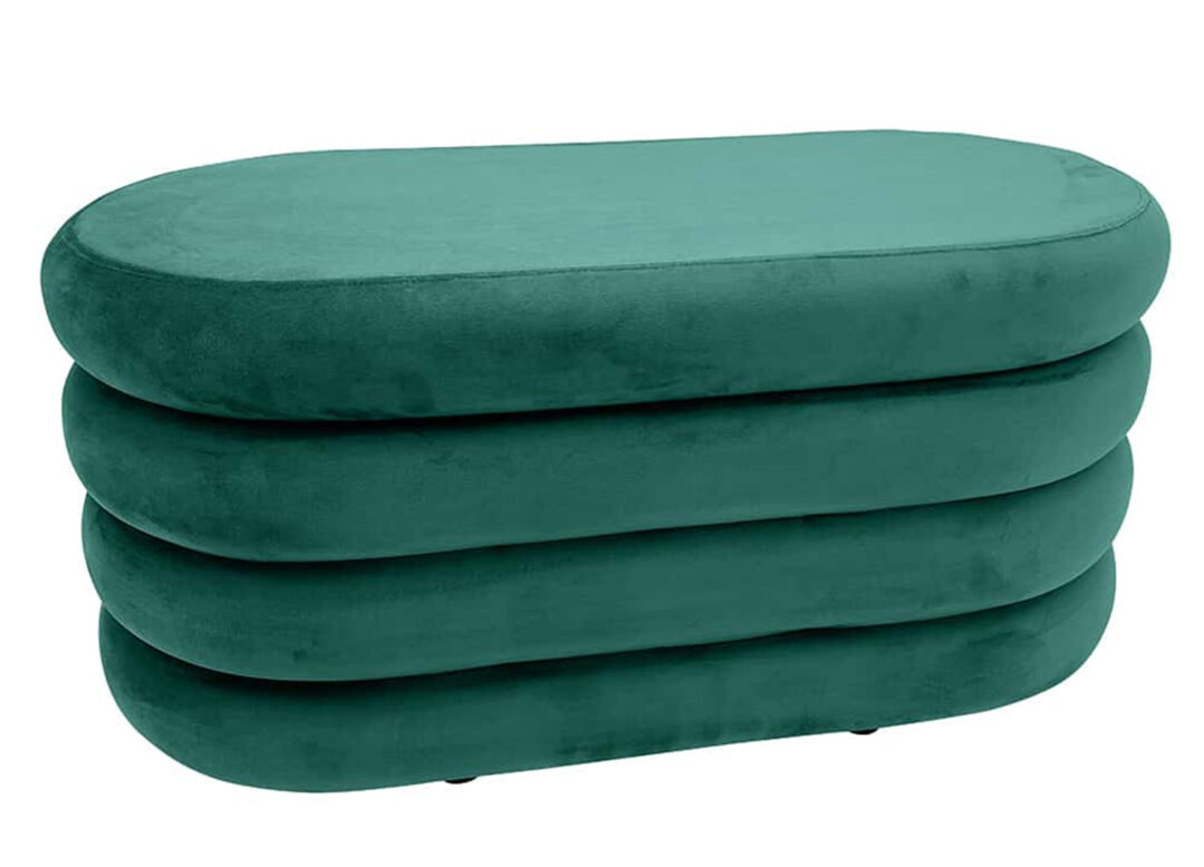 Banquette coffre ELYA en velours vert, design ovale et rangement discret