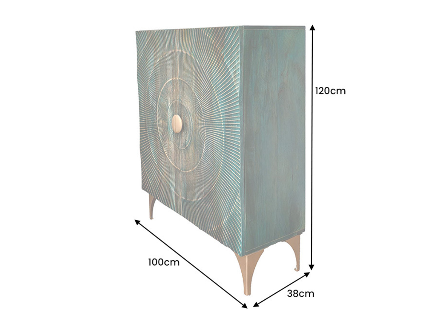 Dimensions du buffet haut SOLEIL turquoise 100 x 120 x 38 cm avec pieds dorés de 19 cm
