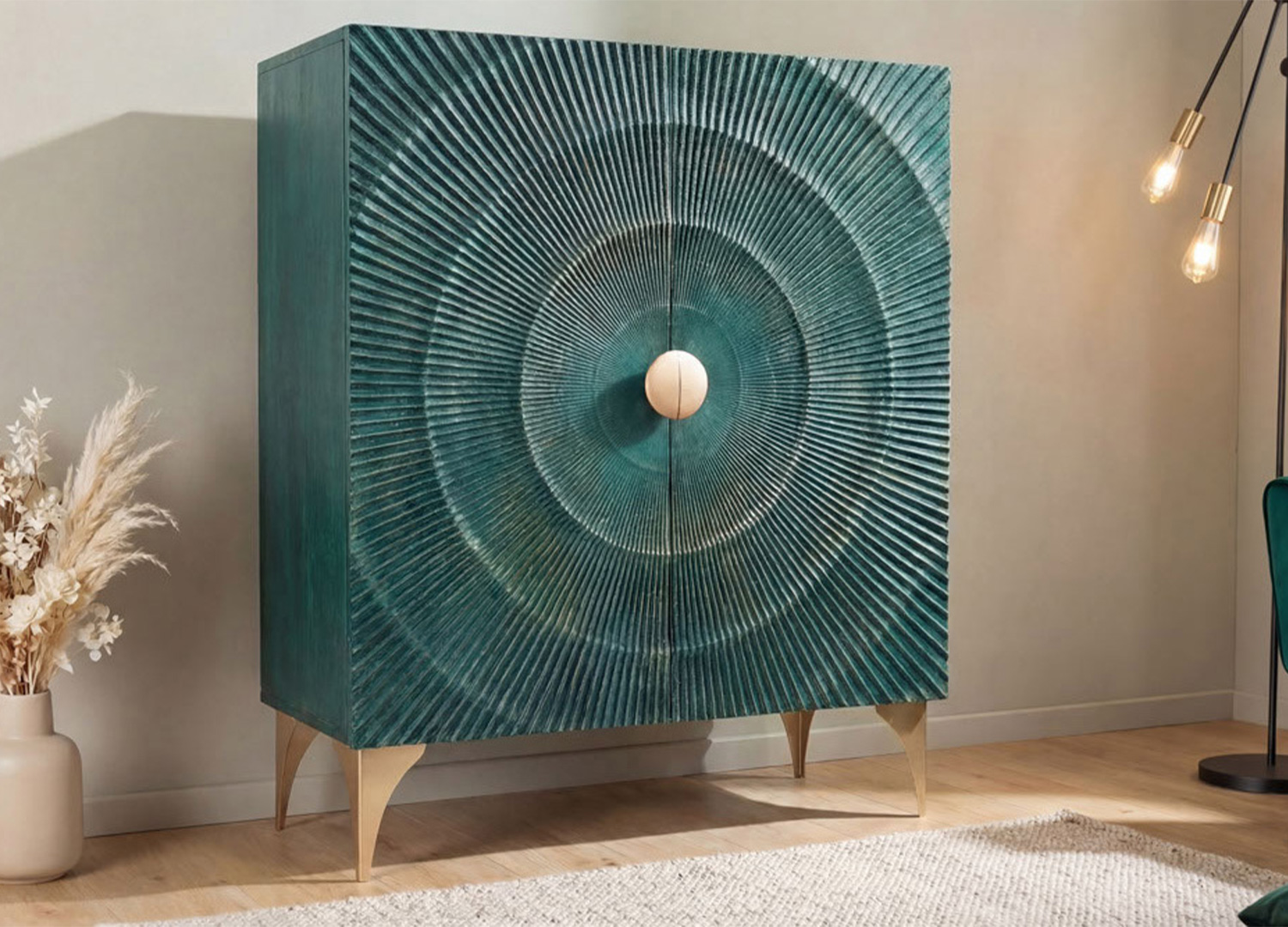 Buffet haut SOLEIL turquoise 120 cm avec silhouette élégante et pieds en métal doré