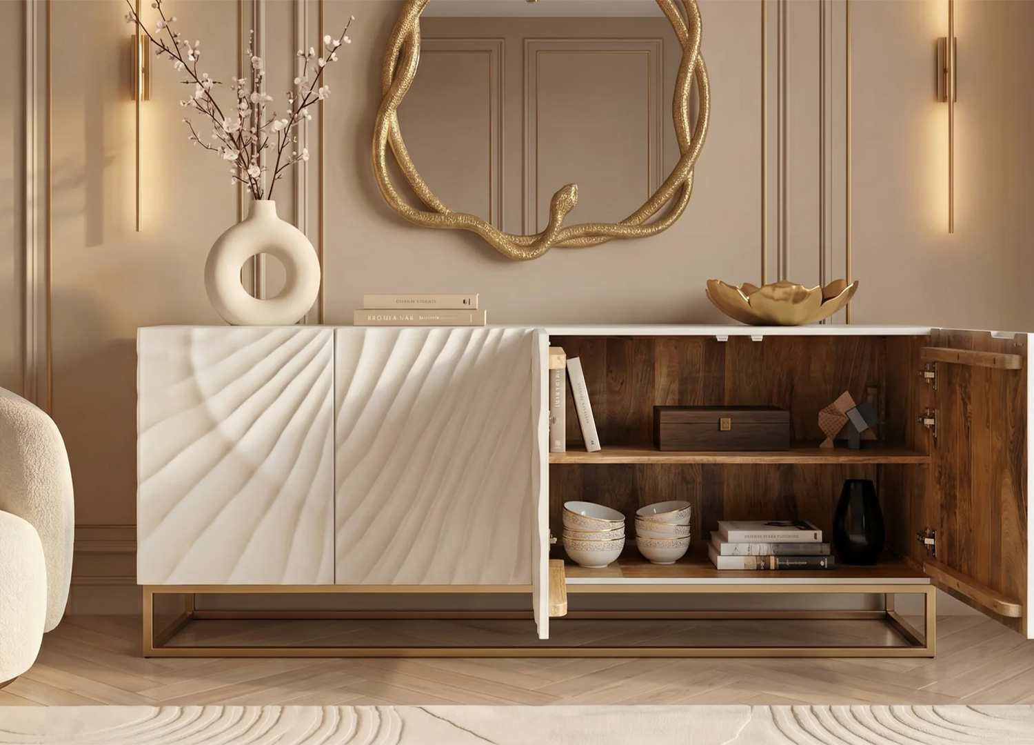Buffet SOLENA 180 cm ouvert avec grands compartiments de rangement en bois