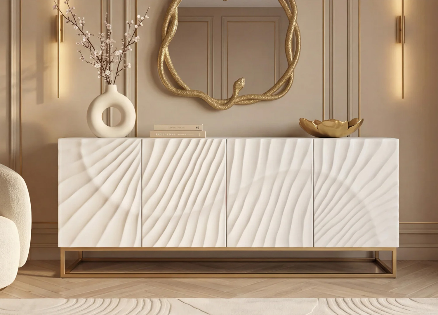 Buffet SOLENA en manguier blanc avec piètement métal doré en vue latérale