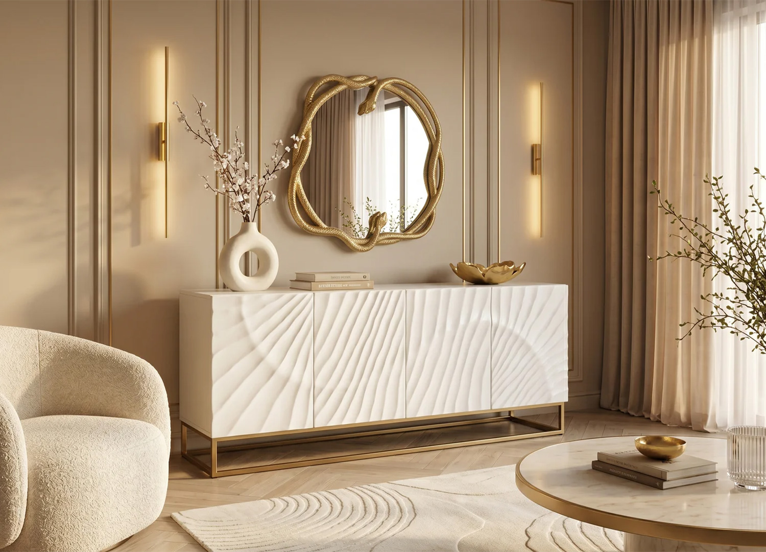 Buffet SOLENA blanc et doré avec façade relief 3D dans une salle à manger chic