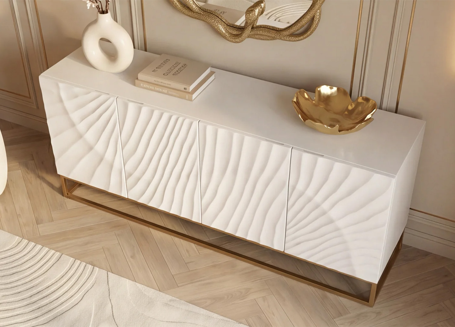 Vue de côté du buffet SOLENA avec façade sculptée en relief 3D blanc