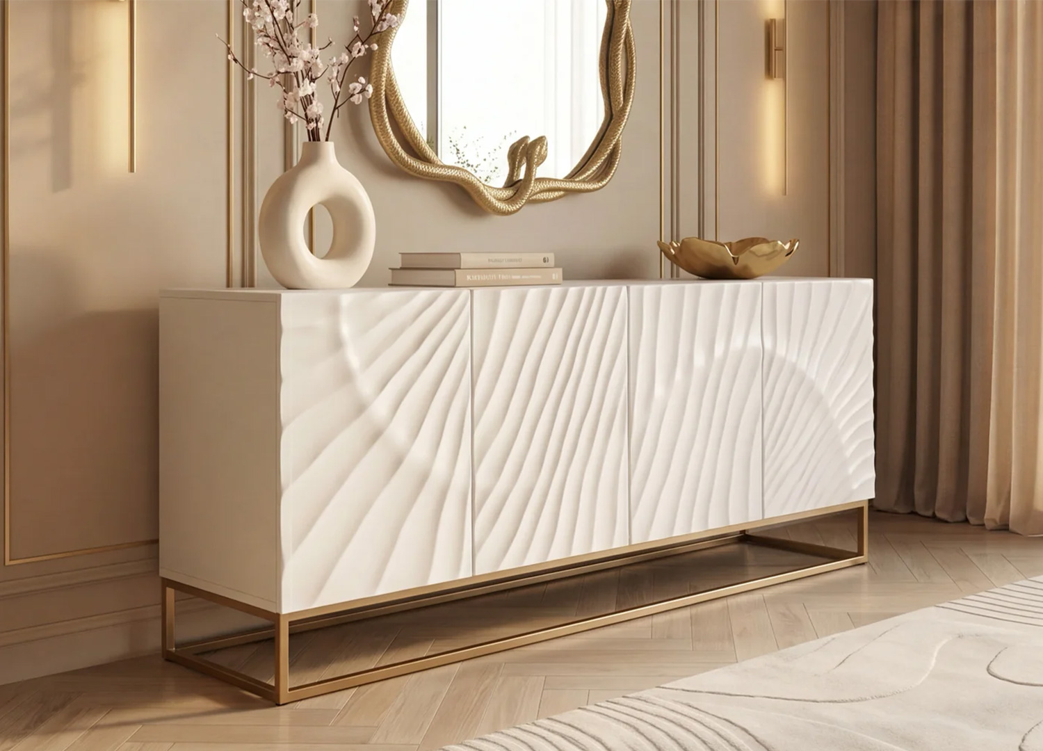 Meuble buffet 4 portes en bois massif teinté blanc