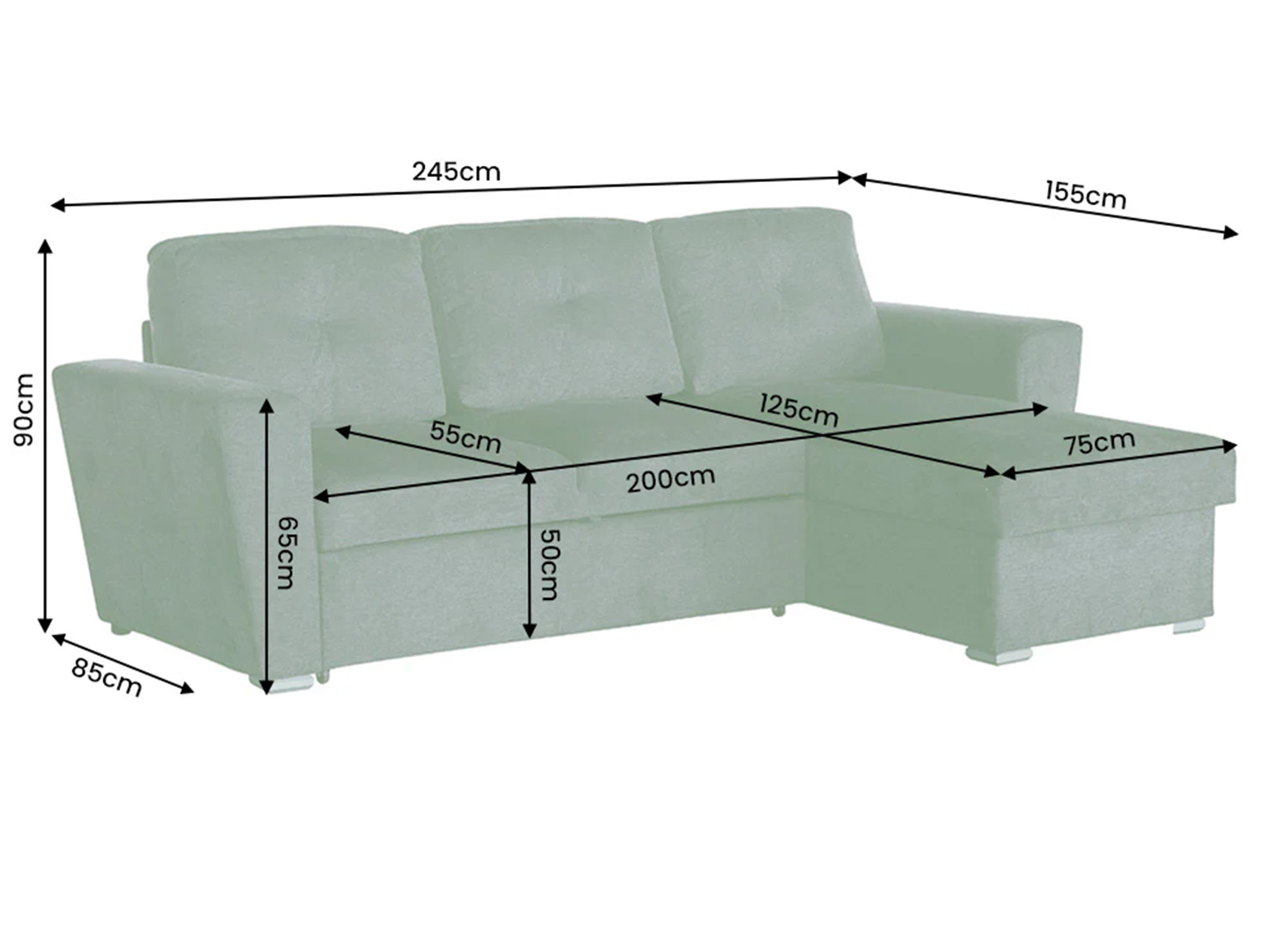 Dimensions du canapé d’angle convertible MALO vert largeur 245 cm profondeur 155 cm hauteur 90 cm