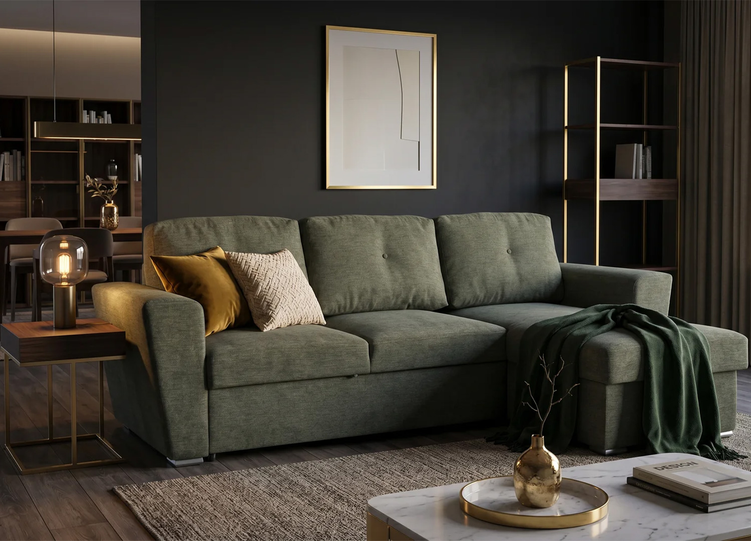 Canapé d’angle convertible MALO vert en tissu texturé dans un salon moderne