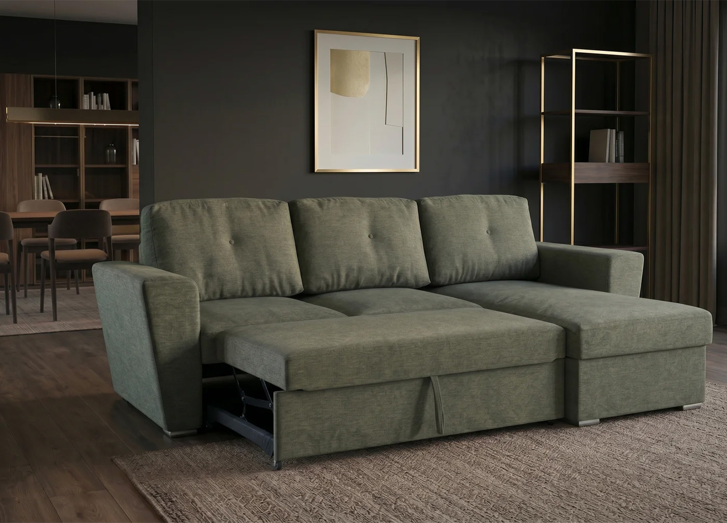 Canapé d’angle MALO vert déployé en lit avec couchage 200 x 125 cm
