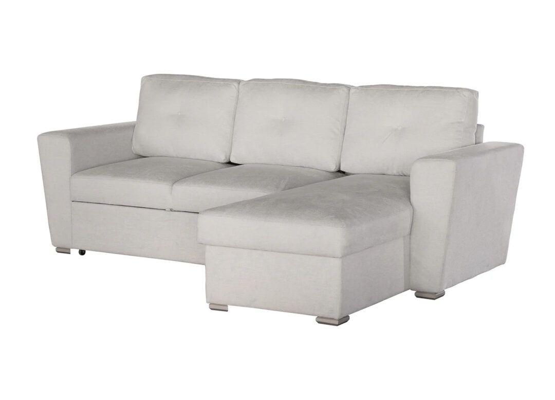 Canapé d’angle convertible MALO beige en tissu texturé présenté sur fond blanc