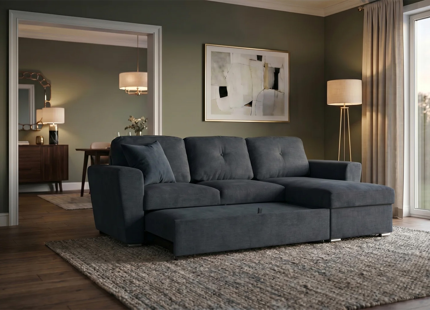 Canapé d’angle convertible MALO gris en tissu texturé dans un salon moderne avec méridienne