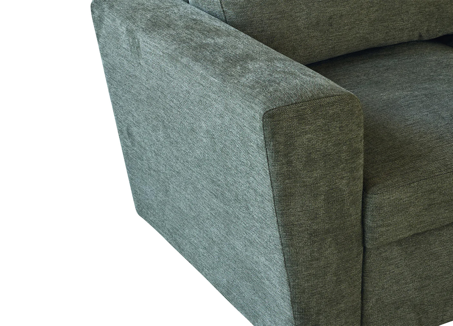 Détail de l’accoudoir du canapé MALO vert en tissu texturé