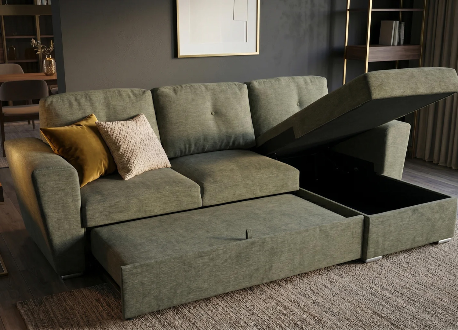 Système convertible du canapé MALO vert avec repose-pieds escamotable sur roulettes