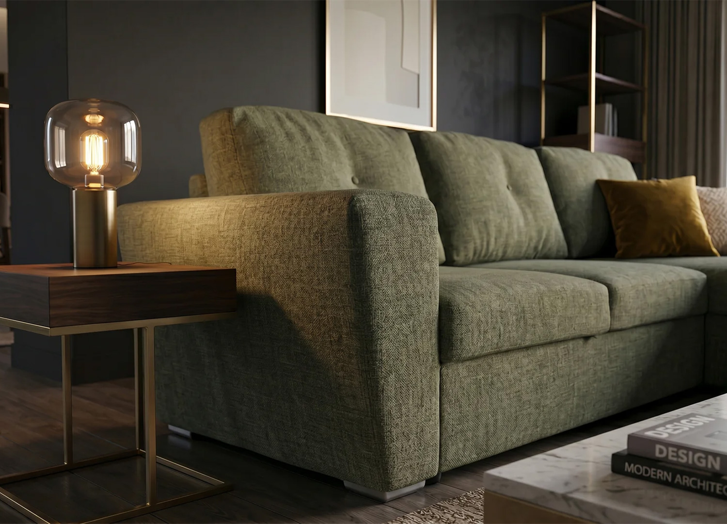 Zoom sur l’assise épaisse et confortable du canapé MALO vert en tissu texturé