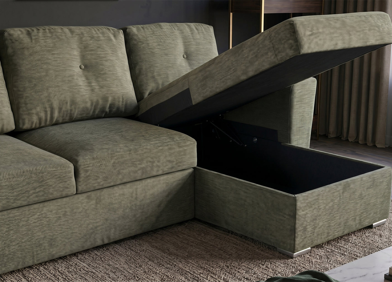 Grand coffre de rangement intérieur du canapé convertible MALO vert