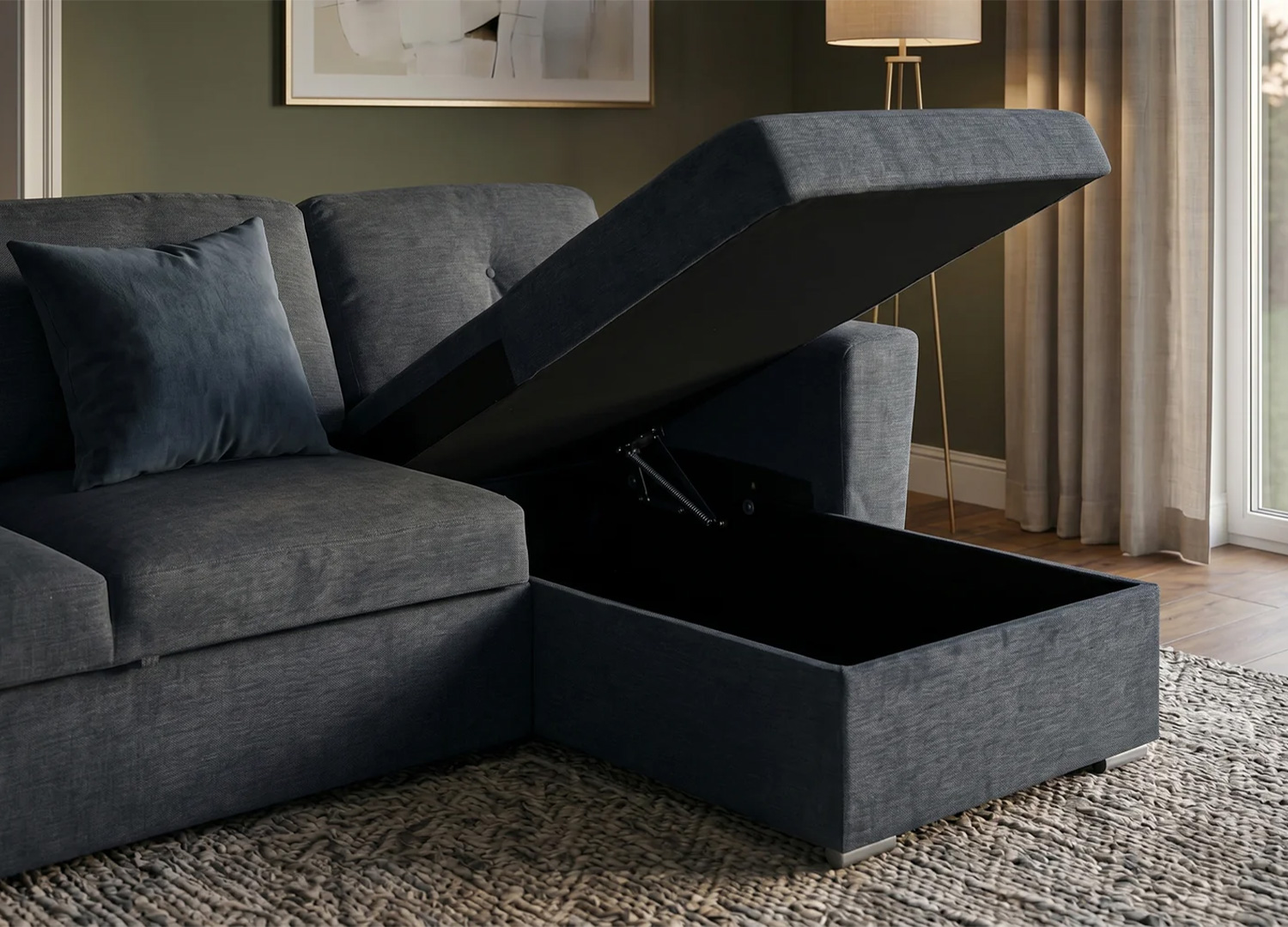 Coffre de rangement sous méridienne du canapé d’angle convertible MALO gris