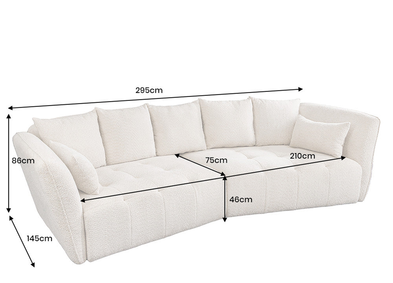 Dimensions du canapé ASTORIA 295 cm en bouclé beige champagne largeur 295 cm profondeur 145 cm hauteur 86 cm
