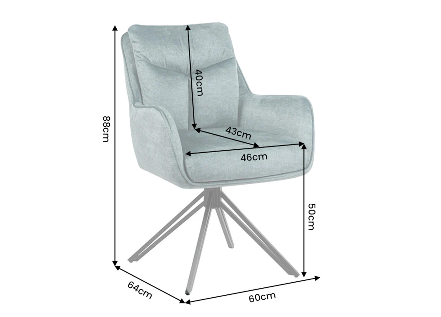 Dimensions de la chaise pivotante VELORA bleu pétrole largeur 60 cm hauteur 88 cm profondeur 64 cm