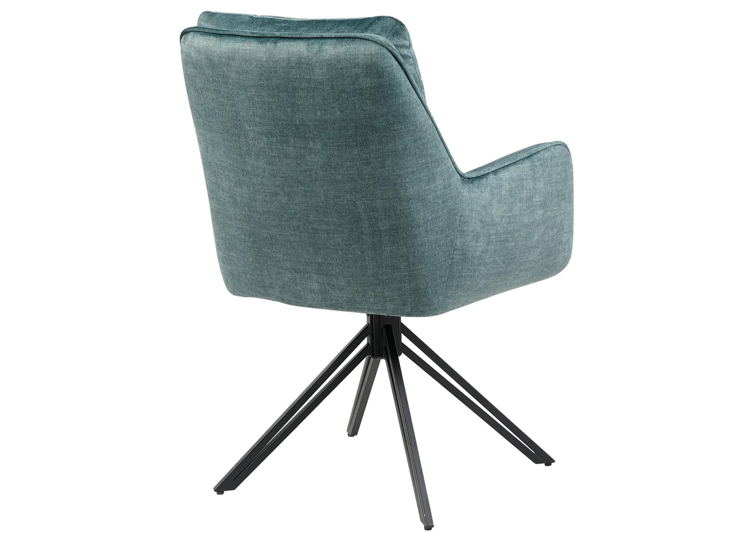 Vue arrière de la chaise pivotante VELORA bleu pétrole avec dossier enveloppant et pieds en métal noir