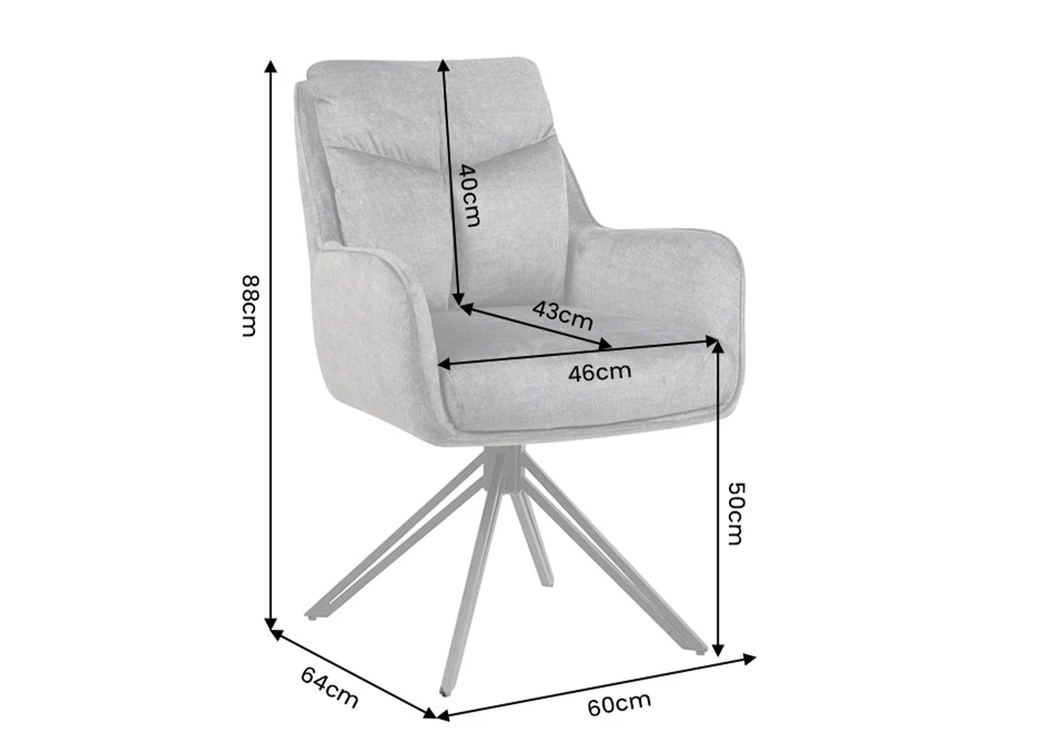 Dimensions de la chaise pivotante VELORA gris anthracite largeur 60 cm hauteur 88 cm profondeur 64 cm