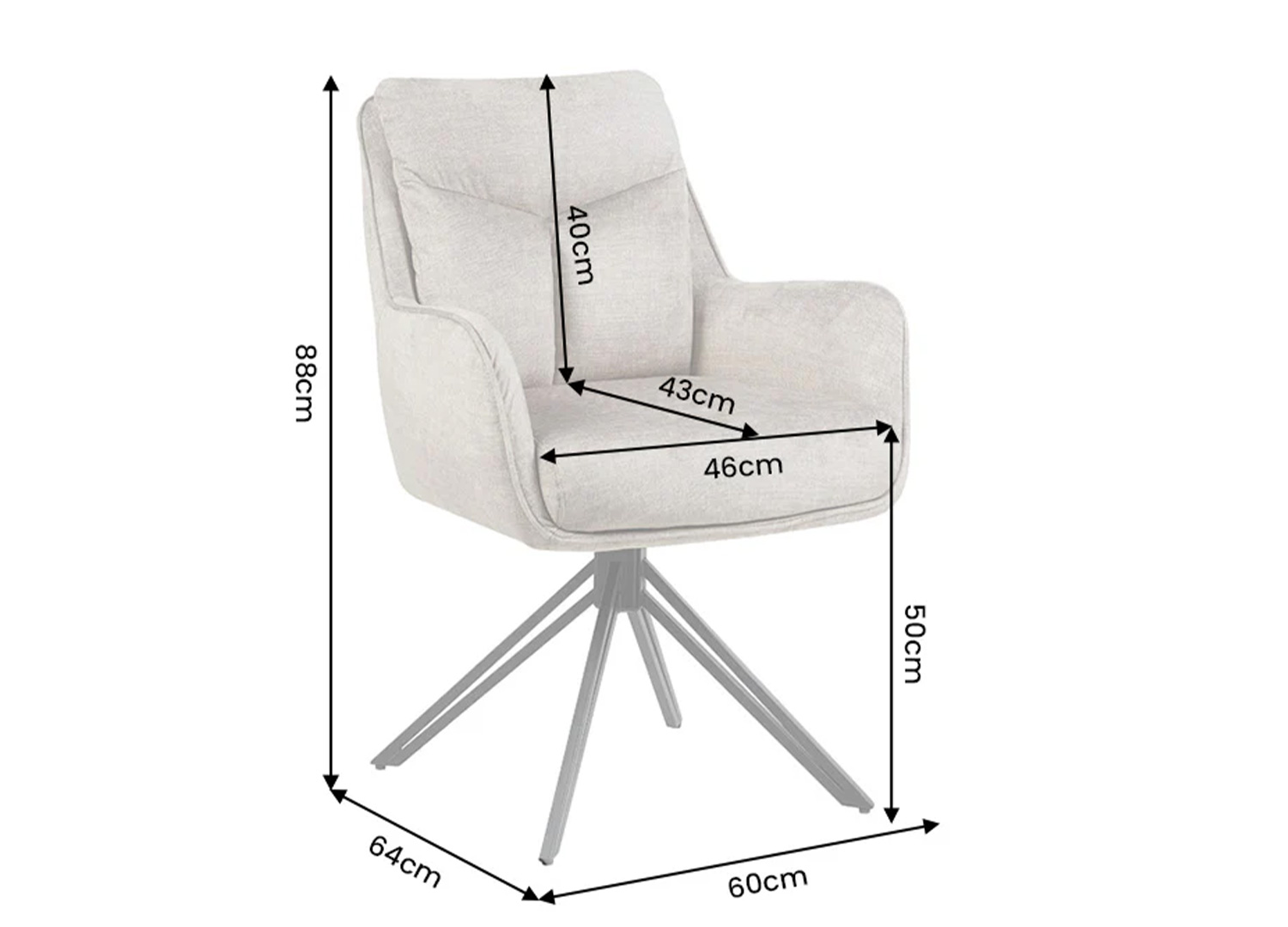 Dimensions de la chaise pivotante VELORA taupe largeur 60 cm hauteur 88 cm profondeur 64 cm