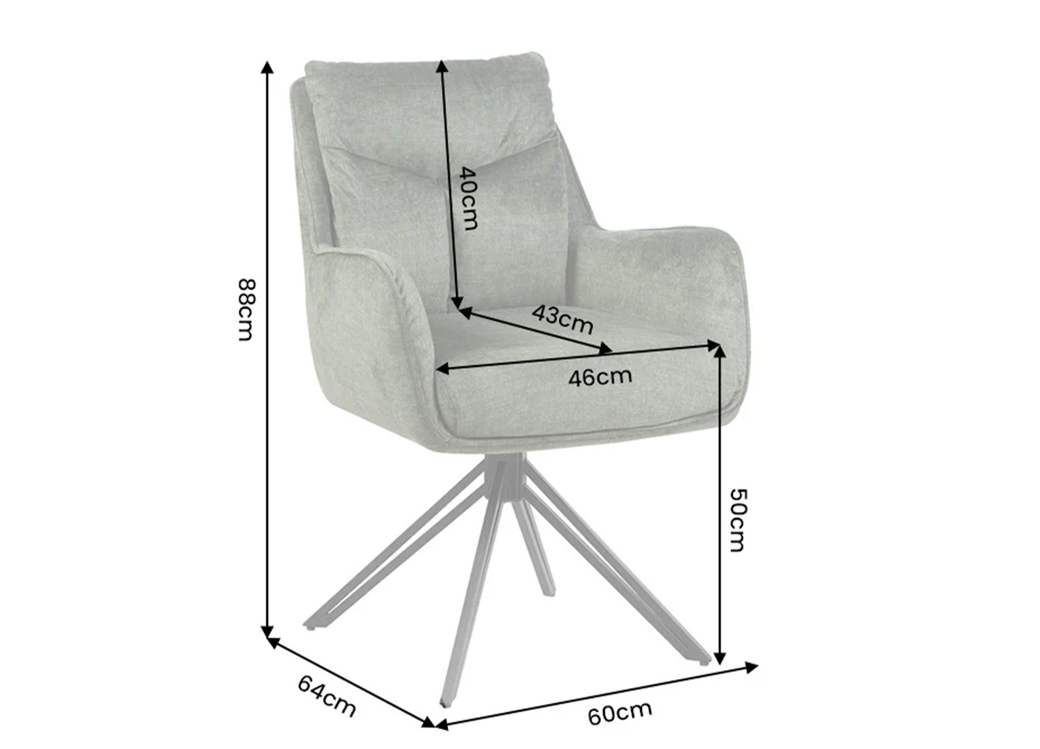 Dimensions de la chaise pivotante VELORA vert mousse largeur 60 cm hauteur 88 cm profondeur 64 cm