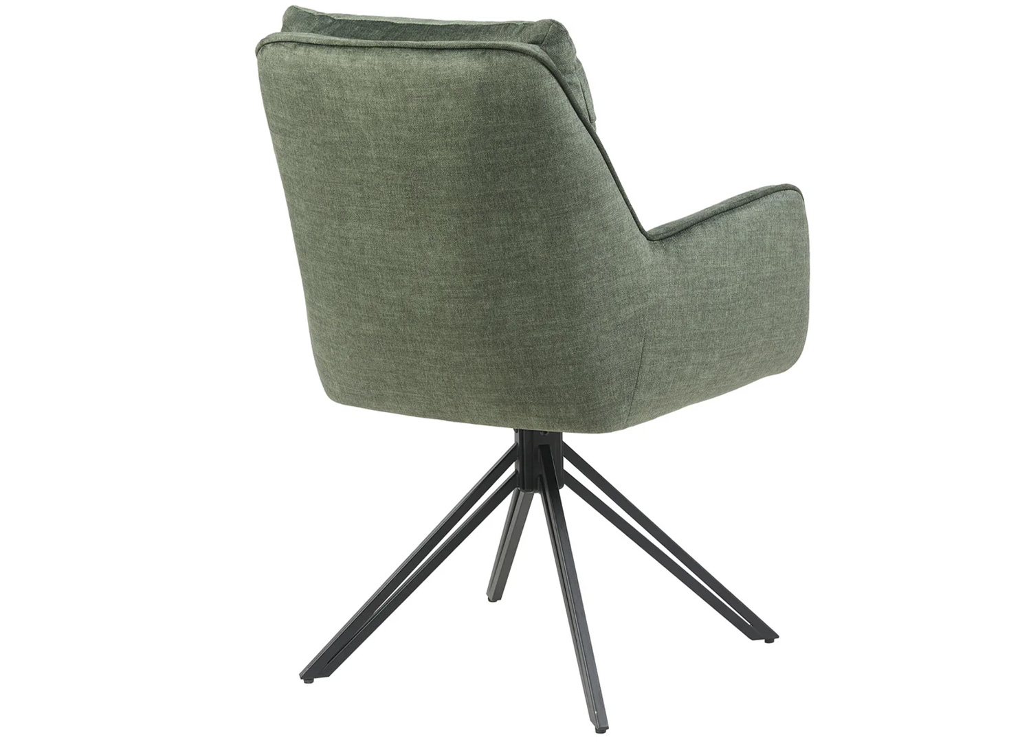 Vue arrière de la chaise pivotante VELORA vert avec dossier enveloppant et pieds en métal noir