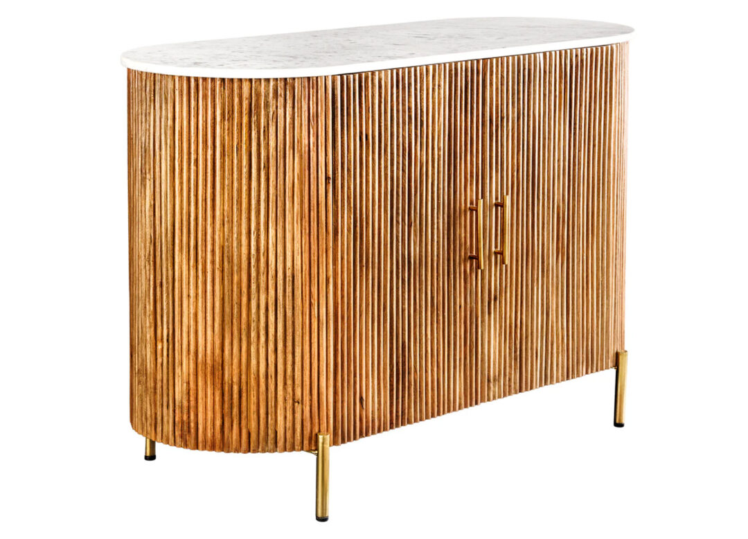 Commode MARELLO 102 cm en manguier naturel et marbre blanc sur fond blanc