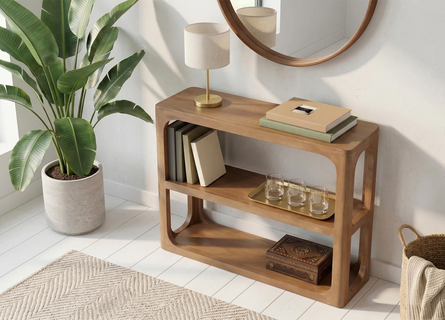 Console NOMA en bois de manguier massif avec étagères ouvertes dans une décoration naturelle et scandinave