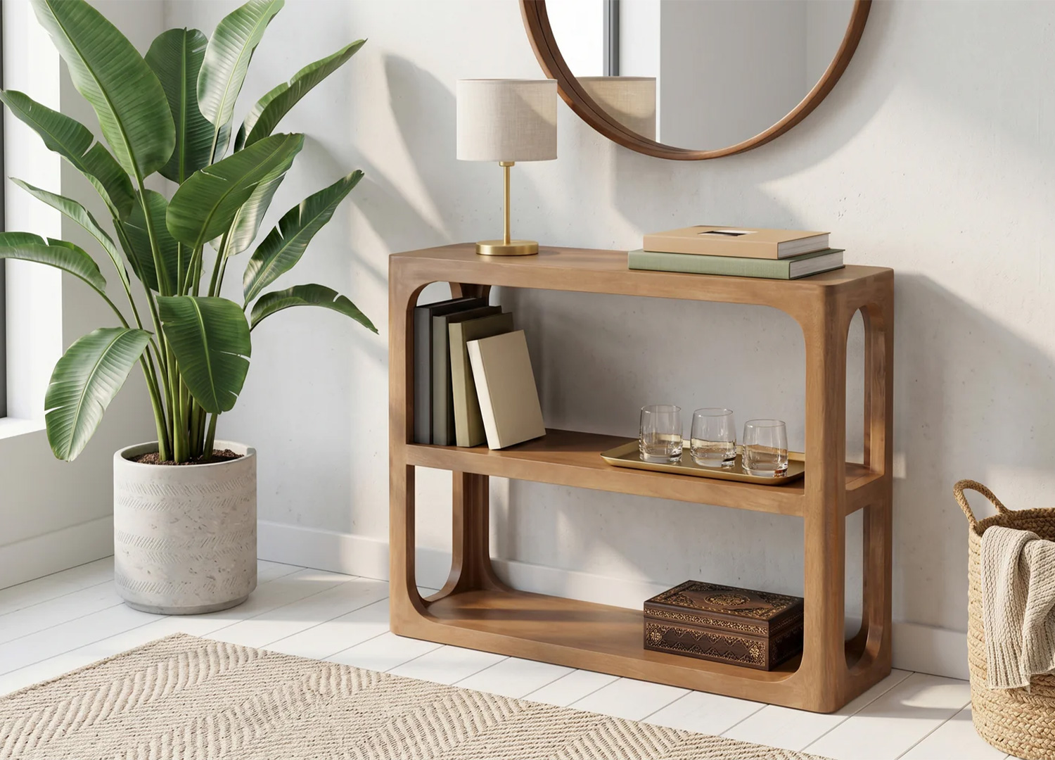 Console NOMA en bois de manguier massif dans une entrée lumineuse avec miroir rond, lampe et plante verte