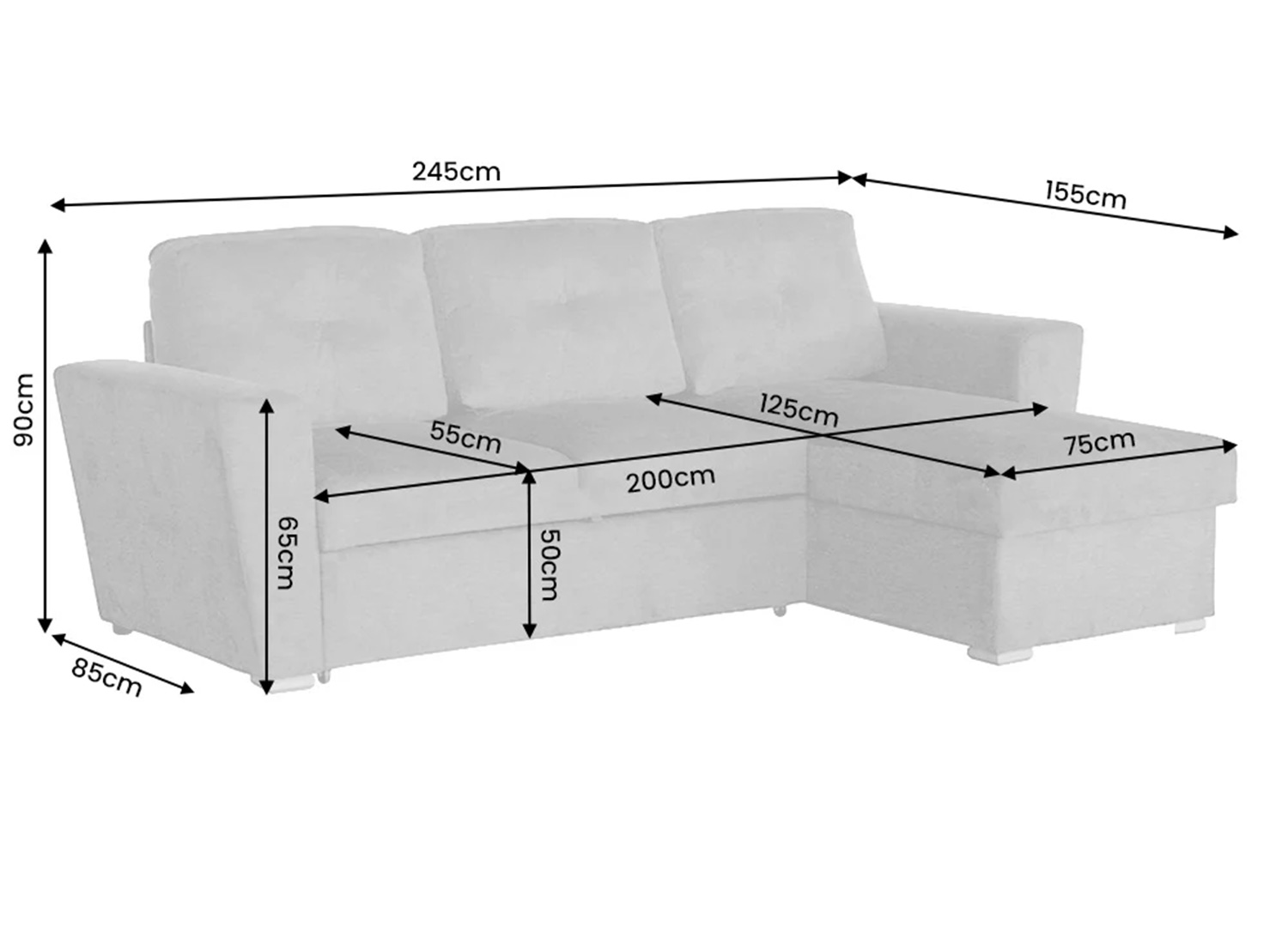 Dimensions du canapé d’angle convertible MALO beige largeur 245 cm profondeur 155 cm hauteur 90 cm
