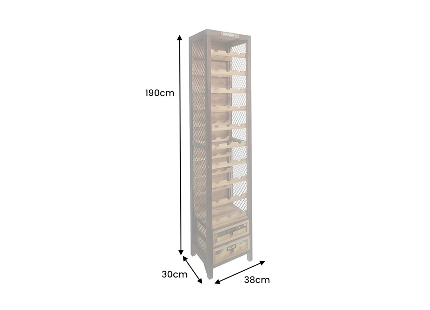 Dimensions de l’étagère à vin VINTOR 190 cm en pin naturel largeur 38 cm hauteur 190 cm profondeur 30 cm