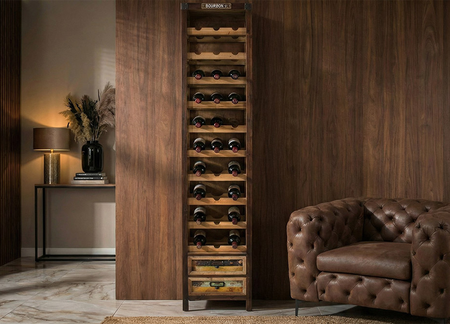 Étagère à vin VINTOR 190 cm en pin et métal avec range-bouteilles vertical