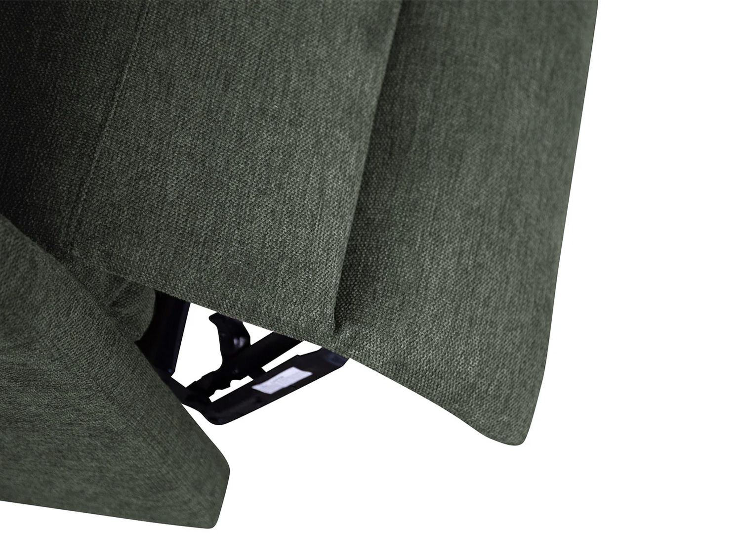 Détail du tissu texturé vert et du mécanisme du fauteuil relax électrique CINÉA