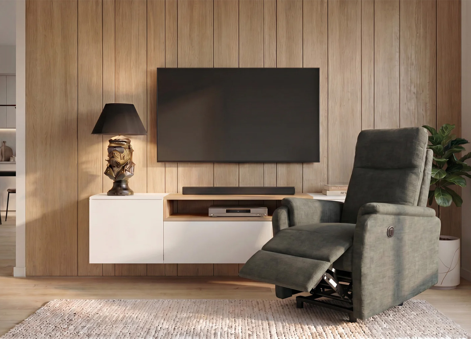 Fauteuil relax électrique CINÉA vert en position relax avec repose-pieds relevé