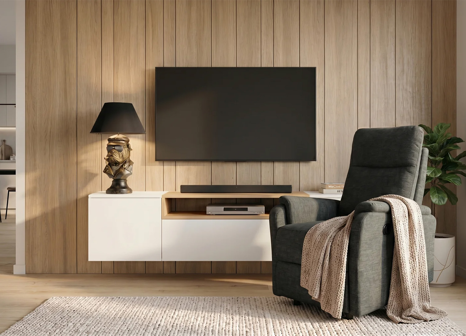 Fauteuil relax électrique CINÉA vert en position droite dans un salon avec mur bois