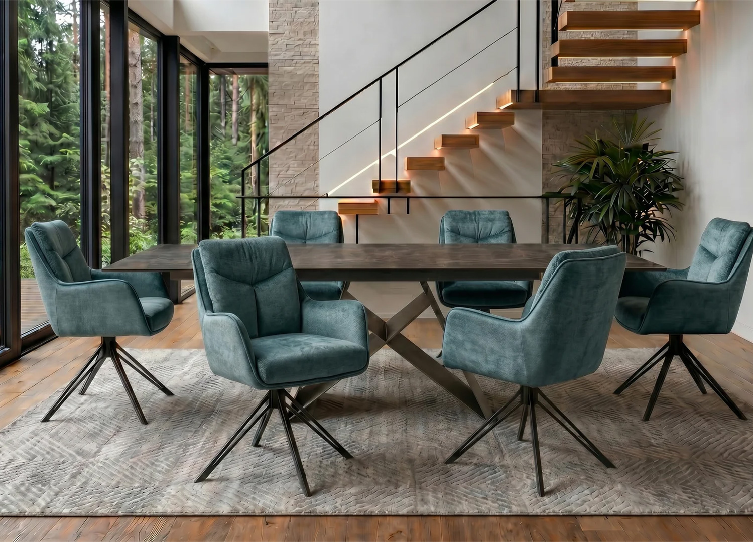 Lot de chaises pivotantes VELORA bleu pétrole en velours autour d’une table de salle à manger contemporaine