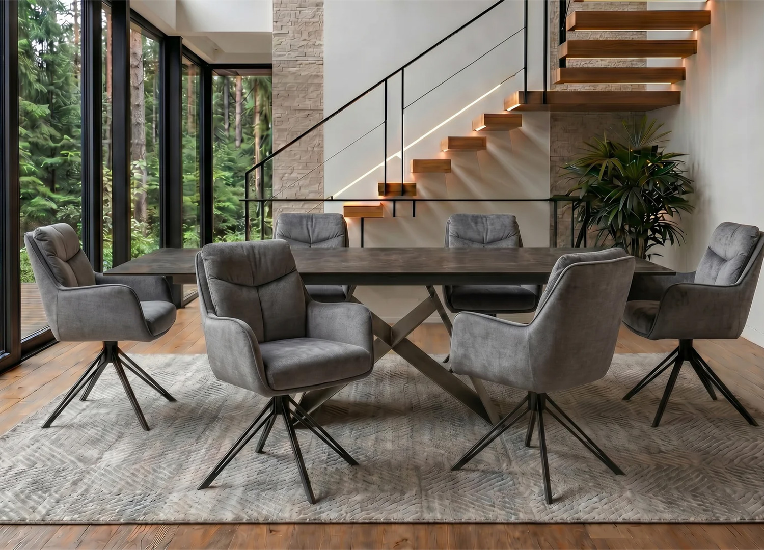 Lot de chaises pivotantes VELORA gris anthracite autour d’une table de salle à manger contemporaine