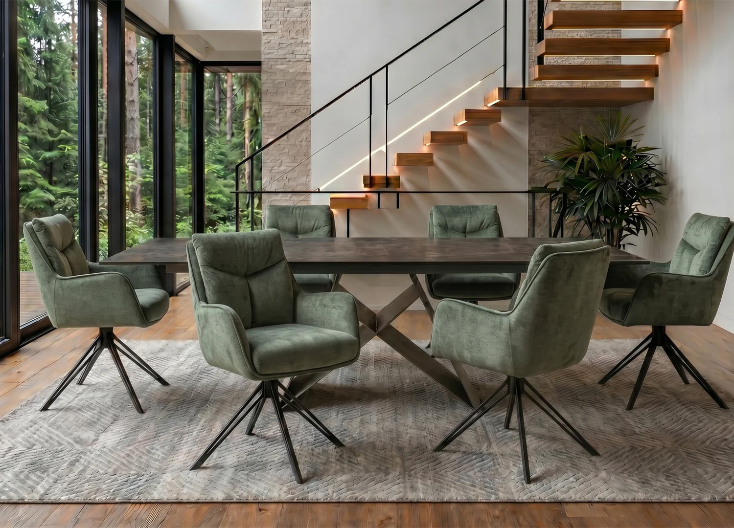 Lot de chaises pivotantes VELORA vert en velours autour d’une table de salle à manger contemporaine