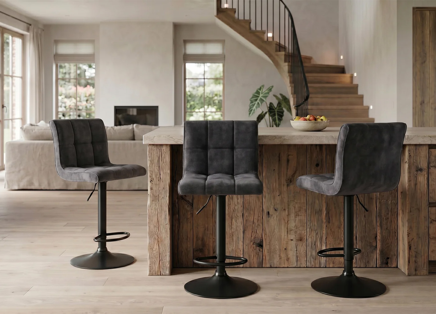 Tabouret de bar LORENZO anthracite avec assise et dossier capitonnés en velours
