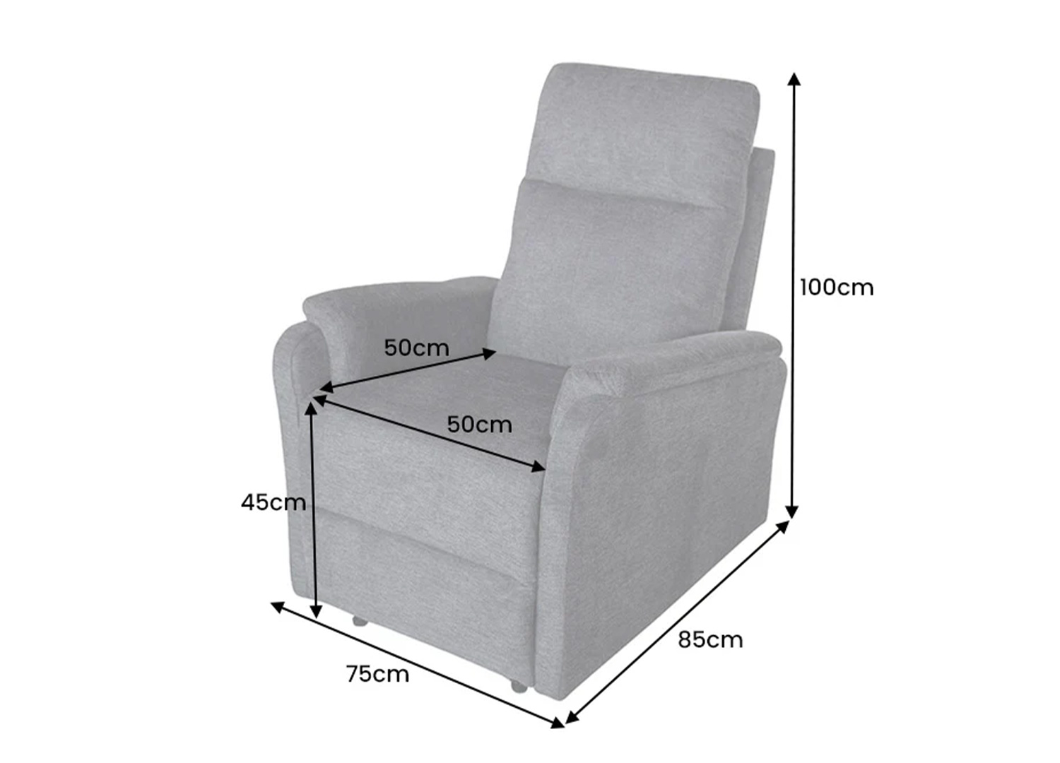 Dimensions du fauteuil relax électrique CINÉA gris largeur 75 cm hauteur 100 cm profondeur 85 cm