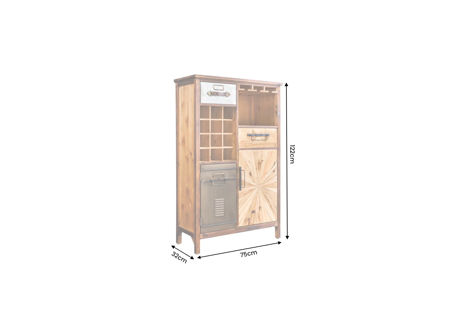 Dimensions du meuble bar CAVINO 120 cm en pin vintage largeur 75 cm hauteur 120 cm profondeur 32 cm