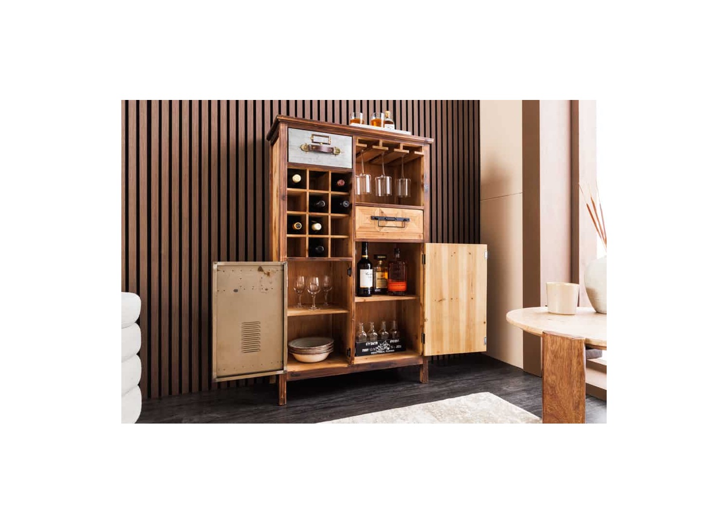 Meuble bar CAVINO 120 cm ouvert avec rangements bouteilles, verres suspendus et tiroirs