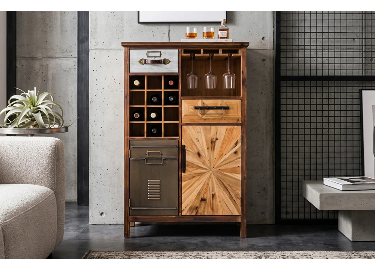 Meuble bar CAVINO en pin vintage et métal dans un intérieur style loft avec mur béton