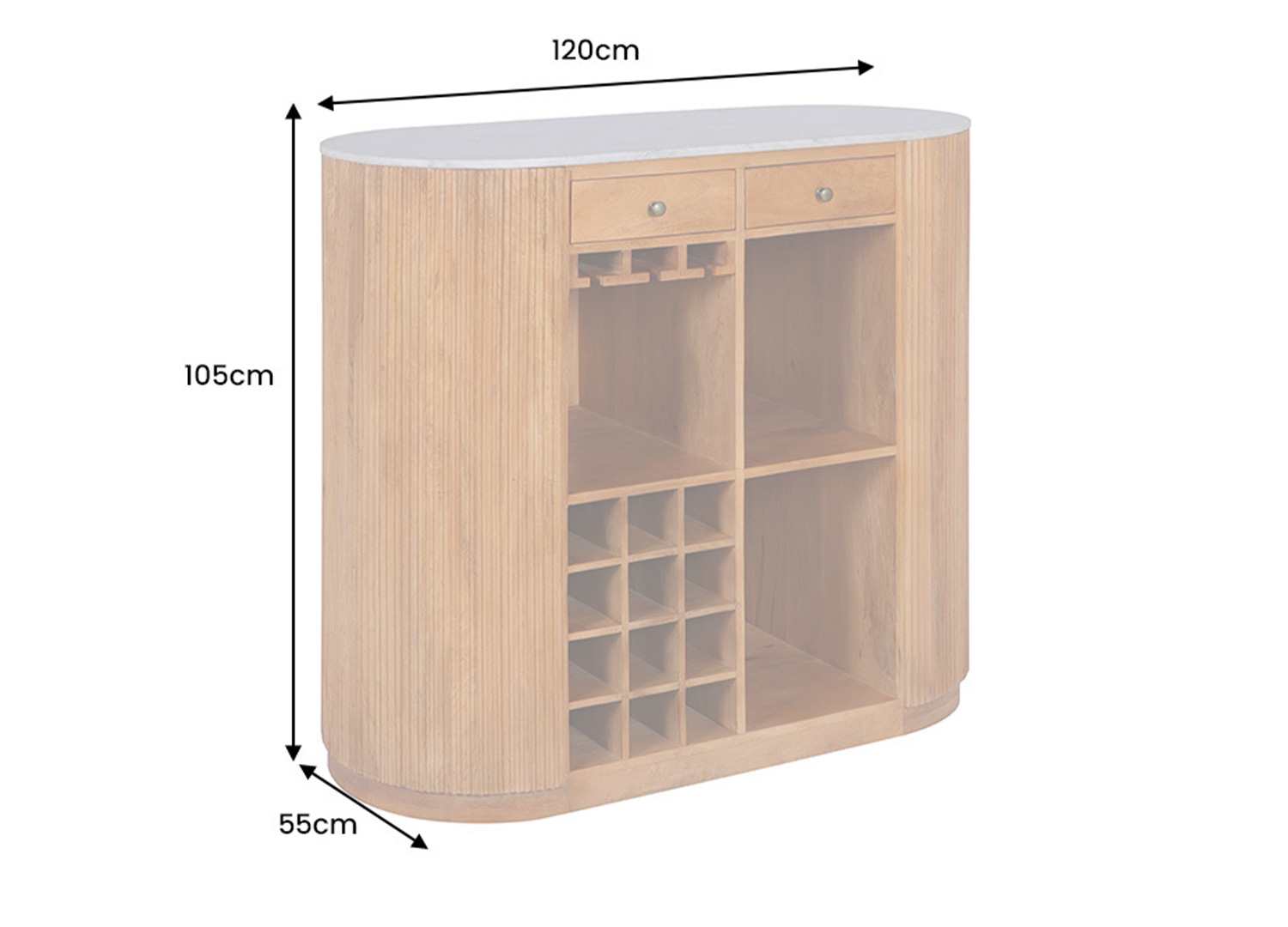 Dimensions du meuble bar MARELLO 120 cm largeur 120 cm hauteur 105 cm profondeur 55 cm