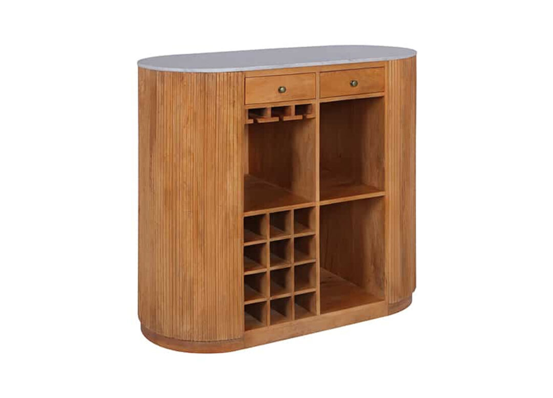 Meuble bar MARELLO 120 cm en bois de manguier et marbre blanc sur fond blanc