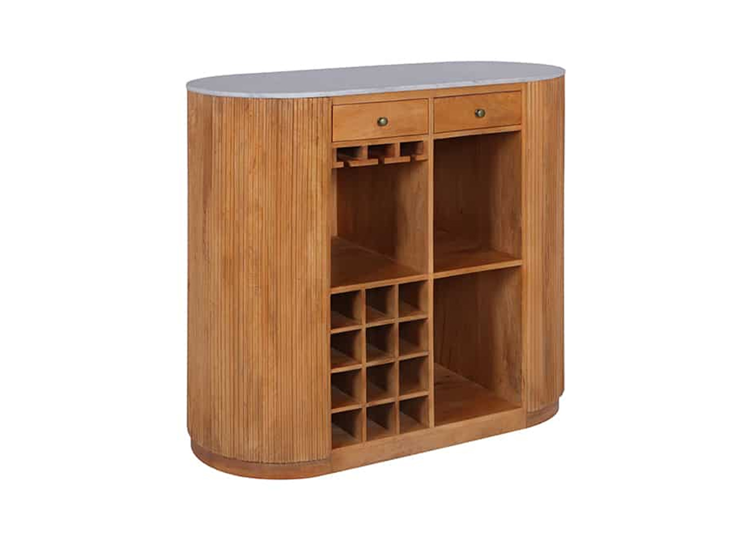 Meuble bar MARELLO 120 cm en bois de manguier et marbre blanc sur fond blanc