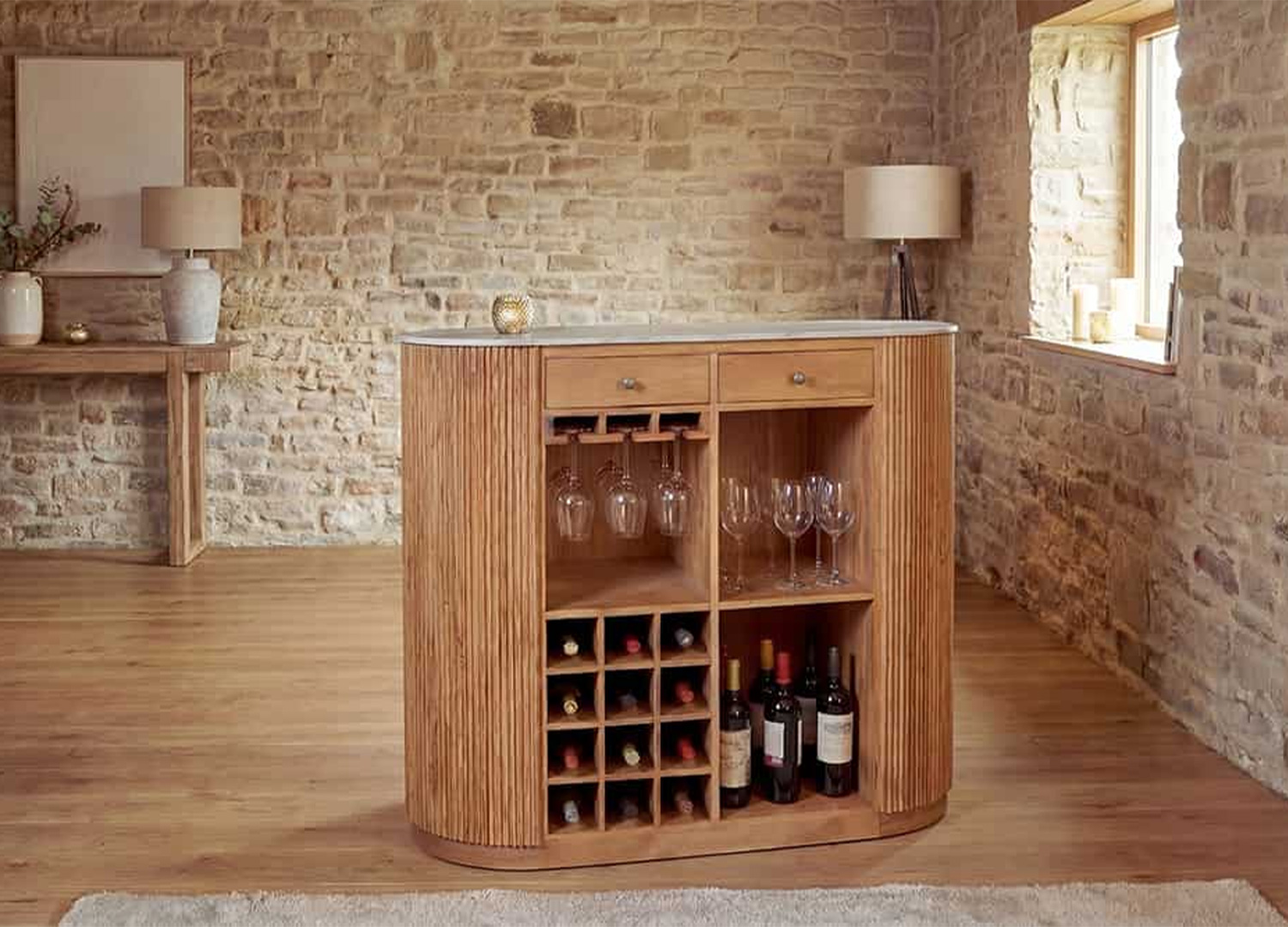 Meuble bar MARELLO 120 cm avec range-bouteilles intégré et supports pour verres suspendus